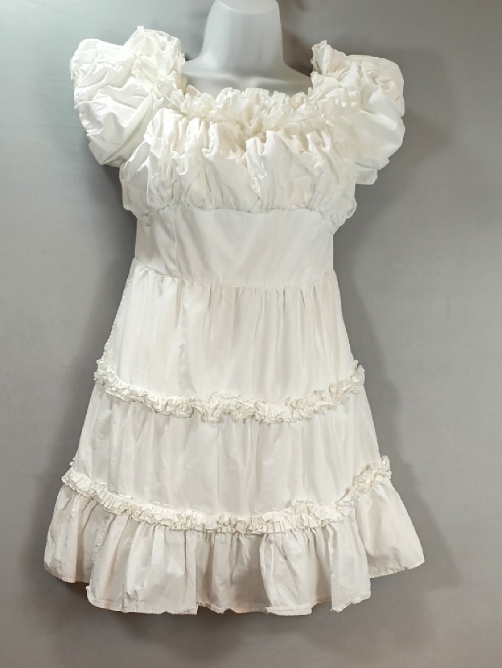 Love The Label white cotton peasant mini dress,  Ruffled Puff Sleeves Size- S